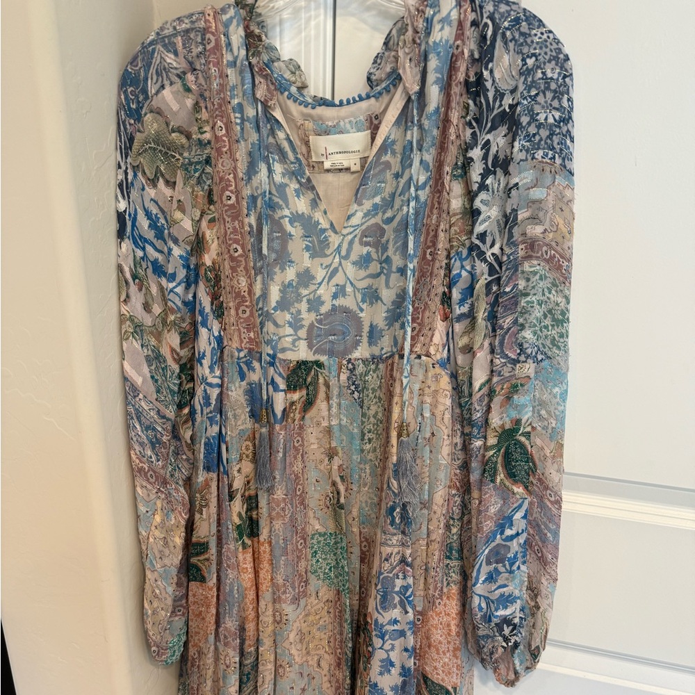 Anthropologie Blue and Cream Patterned Dress